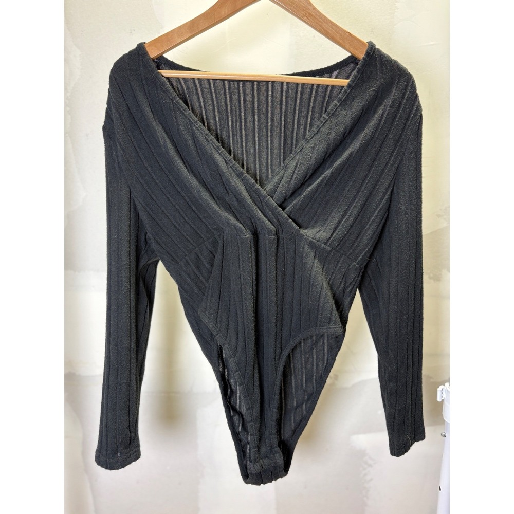 Shein Curve Black Ribbed Long Sleeve‎ Surplice V-Neck Bodysuit 0XL Plus Size
